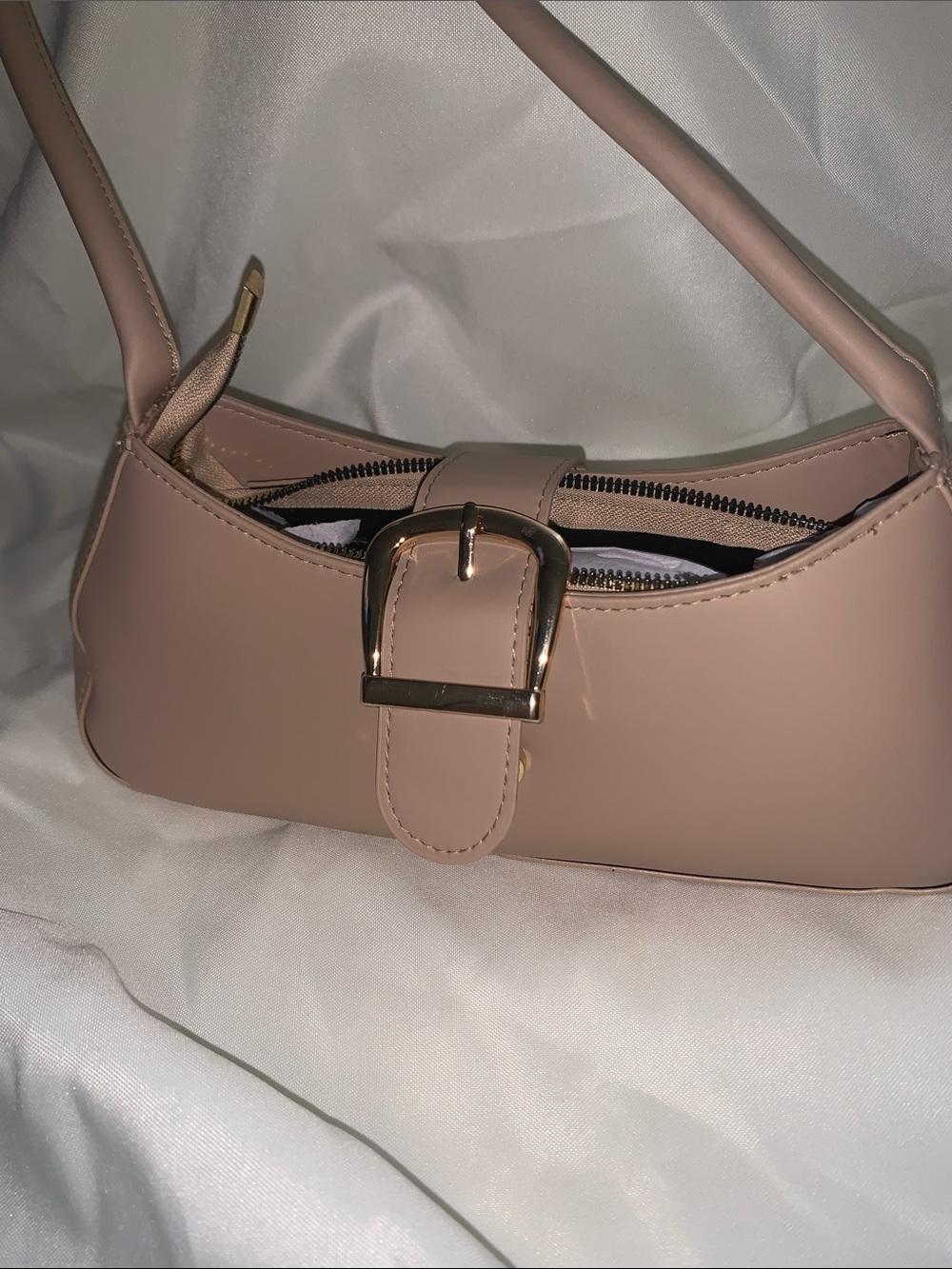 Women's Taupe Shoulder Bag with Gold Buckle - Picture 9 of 10